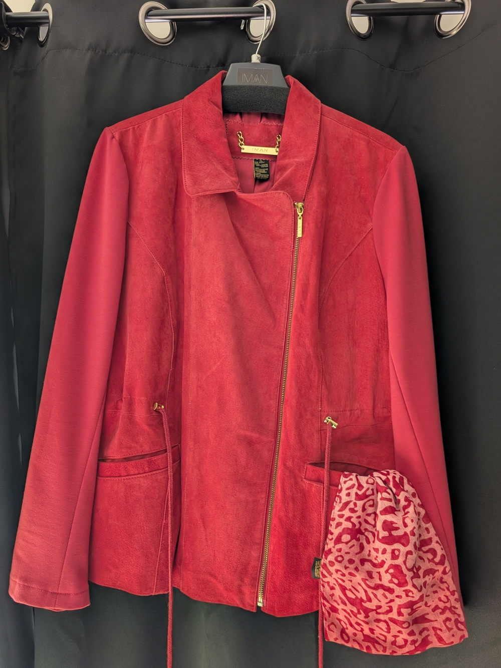 IMAN Red Suede-Front Asymmetrical Zip Jacket